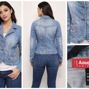 Amnesia Denim Jacket Fitted Blazer Y2K‎ Pink Stitch Embroidered M